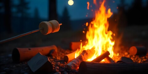 Campfire roasting marshmallows on a stick during a summer evening gathering outdoors no people only marshmallows