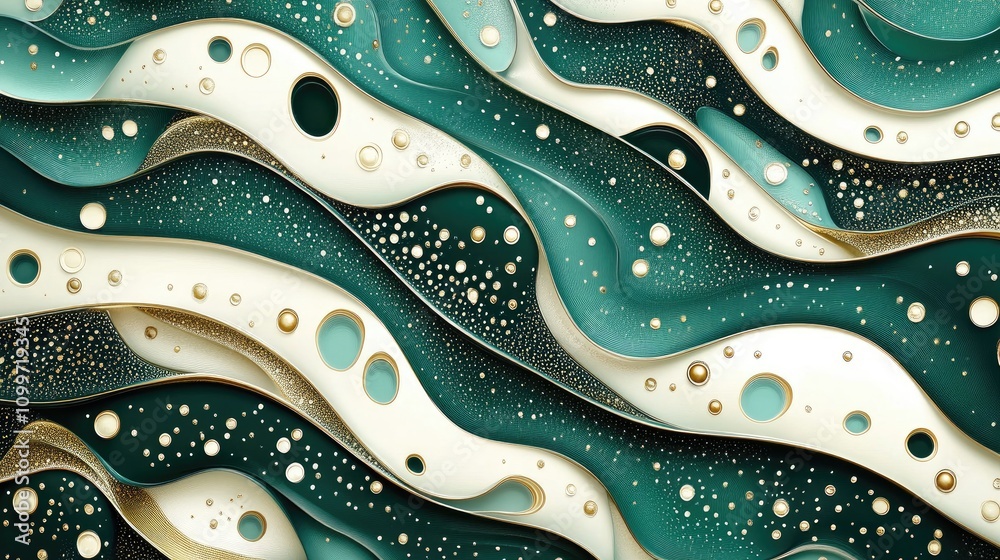 Poster an intricate pattern of fluid lines and shapes in shades of green and gold, forming an elegant abstr