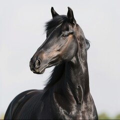 Obraz premium Portrait of black Pura Spanish horse on white background. horse