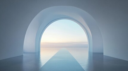 Abstract representation of accessibility with a clean, wide-open archway leading to a bright, expansive horizon in a minimalist environment