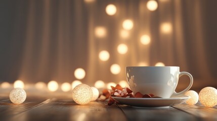 Fototapeta premium Serene Coffee Cup Surrounded by Soft Luminescent Orbs and Decorative Petals on a Wooden Surface