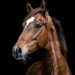 Obraz premium horse portrait of chestnut horse with a white spot on a black background