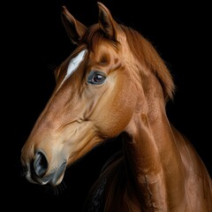 Fototapeta premium horse portrait of chestnut horse with a white spot on a black background