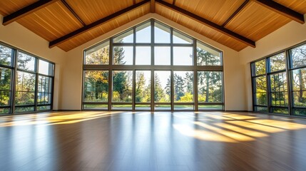 Obraz premium Bright and airy empty room with high wooden ceilings, large triangular windows showcasing a scenic outdoor view and abundant natural light.