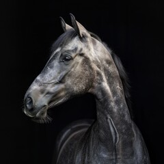Fototapeta premium Portrait of gray young horse on the black background horse
