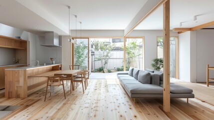Fototapeta premium A bright, modern open-concept living space with a white kitchen, cozy sectional sofa, wooden coffee table, and large windows inviting natural light and greenery inside.