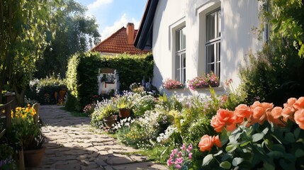 Obraz premium A stone pathway winds through a meticulously maintained garden, leading to a white house with a red-tiled roof