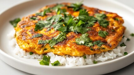 Fototapeta premium Close-up of fluffy omelet on steamed rice, the rich texture of the egg and vibrant green herbs contrasting beautifully on a white ceramic plate