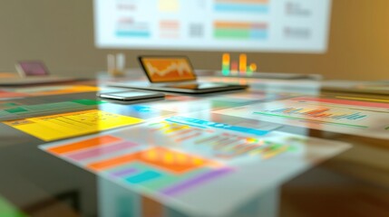 An ultra-high resolution close-up of a glass-top conference table featuring financial documents