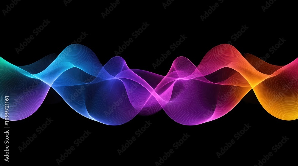 Poster colorful gradient lines flowing in parallel, creating a smooth wave effect on a dark backdrop, showc