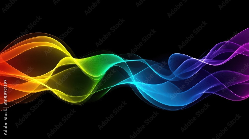 Poster colorful gradient lines flowing in parallel, creating a smooth wave effect on a dark backdrop, showc