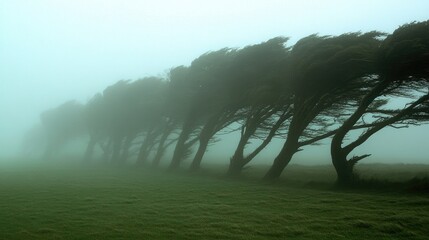 Trees dramatically bent by strong winds in a foggy landscape, illustrating the intense forces of a hurricane in a natural setting.