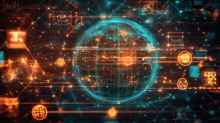 Obraz premium Global network connection, digital data, futuristic technology, worldwide communication.