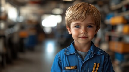 Cute young boy wearing a blue mechanic uniform standing in workshop with tools in pocket, smiling child portrait, future engineer, playful learning, industrial setting.