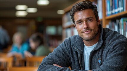 Fototapeta premium Young man smiles confidently while seated at a library table surrounded by books in a quiet study area