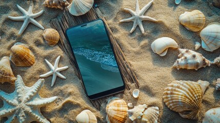 Smartphone propped on driftwood surrounded by seashells and starfish on sandy beach, capturing a coastal vibe and natural elements.