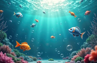 Obraz premium Colorful fish swim in clear ocean water. Beautiful coral reefs create underwater landscape. Bubbles float around colorful aquatic life. 3D illustration ocean eco system, beauty of marine life.