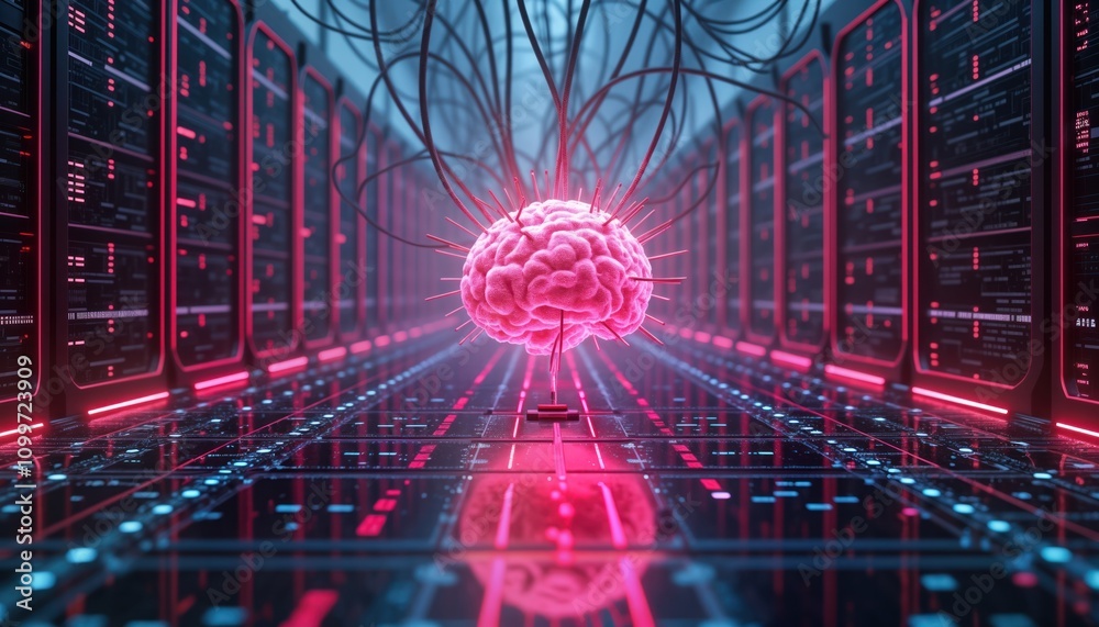 Leinwandbilder pink brain center of vast server tech infrastructure. interconnected network links brain with cosmos