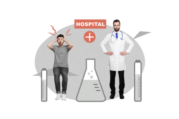Creative collage of young man medical hospital check doctor flask test tube vaccination immune system analyses disease fantasy billboard