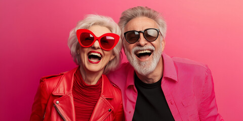 Happy smiling senior wearing sunglasses, pink solid colorful background, image with space for text / Femme âgée souriante et heureuse avec lunettes de soleil, fond orange, espace pour le texte