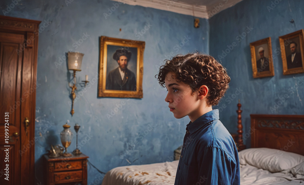 Poster Boy is standing in front of a bed. The bed is covered with a white sheet. There is a picture on the wall behind the boy
