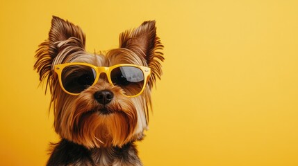 Yorkshire Terrier sporting vibrant yellow sunglasses, posing confidently against a cheerful solid yellow background.