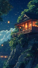 Obraz premium Serene wooden house illuminated at night, nestled among lush greenery.