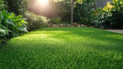 Obraz premium Lush green lawn bathed in sunlight, framed by vibrant garden foliage, creating a serene and inviting outdoor atmosphere.