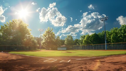 A serene baseball field under a bright sky, perfect for a game or practice.