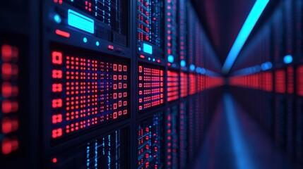 Futuristic Data Center with Neon Lights and Server Racks in Focus