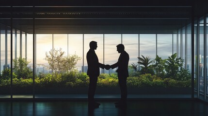 Fototapeta premium Businessmen silhouettes shaking hands with a rooftop garden visible through large office windows