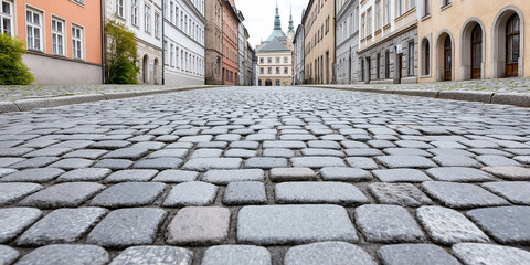 Historic city street, cobblestone road, vintage architecture details, moody photograph, isolated on white background
