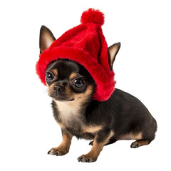 Cute Chihuahua wearing a festive red hat, white isolated background.
