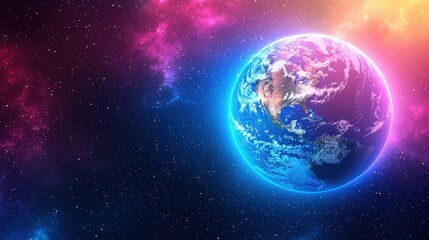 Fototapeta premium Vivid View of Earth in Space Surrounded by Cosmic Colors and Stars, Illustrating the Beauty of the Universe and Planetary Wonders in High-Resolution Imagery