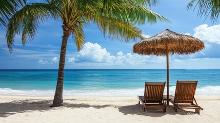Fototapeta premium Two sun loungers rest on a sandy beach beneath a palm tree and umbrella inviting relaxation in a tropical setting