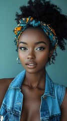 Fototapeta premium Confident young Black woman with curly hair and stylish headband.