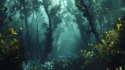 Obraz premium A serene underwater scene depicting a forest of kelp and marine life, illuminated by soft light.