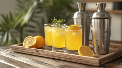 Fototapeta premium Orange lemonade in a decanter on a wooden tray alongside a cocktail shaker perfect for crafting refreshing summer drinks and accommodating your subject and text