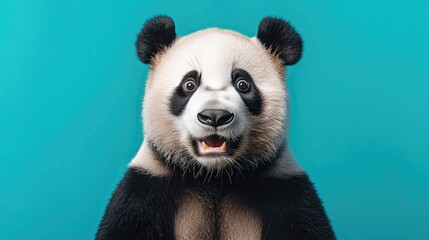 Surprised panda headshot portrait against a vibrant studio backdrop with ample empty space for text