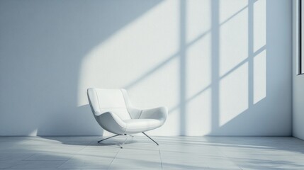 Minimalist interior featuring a luxurious white chair in a bright room casting shadows from a large window The space includes white walls and a tiled floor offering room for text