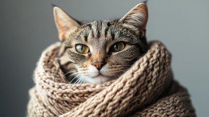 Obraz premium Distressed cat wrapped in a knitted scarf displaying feelings of sadness and offense Close up shot against a gray backdrop
