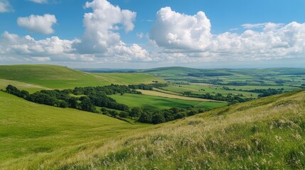 Obraz premium Expansive green hills stretch under a vibrant blue sky filled with fluffy white clouds, creating a serene and picturesque landscape.