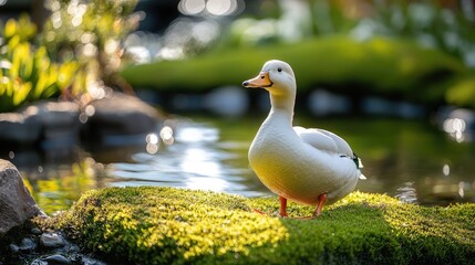 Obraz premium White duck beside a pond gazing at the camera