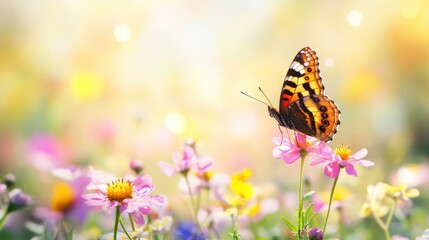 Obraz premium Butterfly soaring above blooming flowers summer scene with ample space for text
