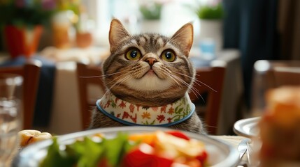 A playful cat wearing a bib at a dining table