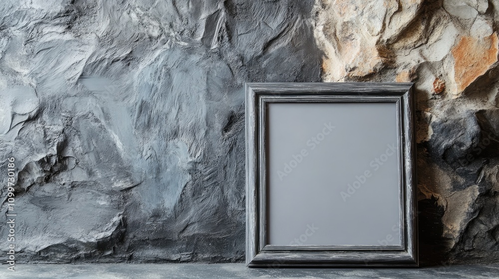 Poster gray photo frame on textured stone background with blank area for customization mock up design