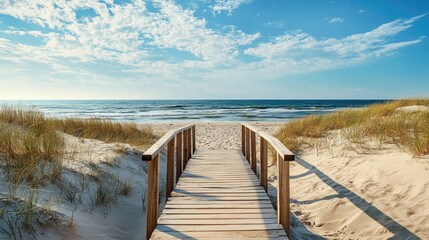 Wooden boardwalk on a sandy beach during the warm season