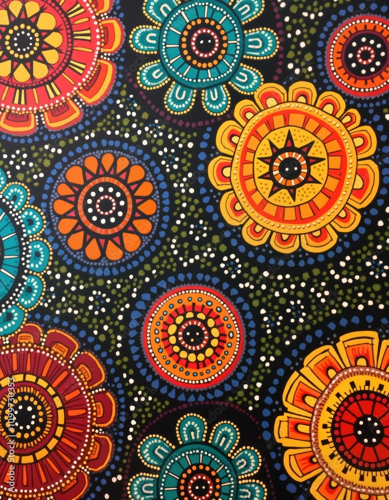 Poster abstract aboriginal pattern design close-up. colorful floral motifs. circular patterns in bright col