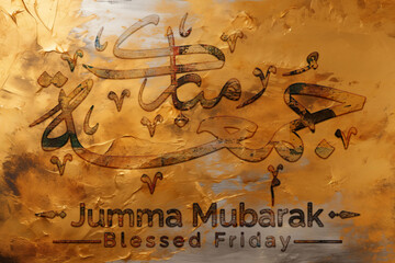 3D Jumma Mubarak calligraphy in Gold on a Golden background, translation blessed Friday, Jumma Mubarak Calligraphy For Social Media Posts Islamic Design