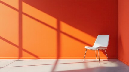 Fototapeta premium A minimalist space featuring a white chair against a vibrant orange wall, enhanced by striking shadows cast by sunlight.